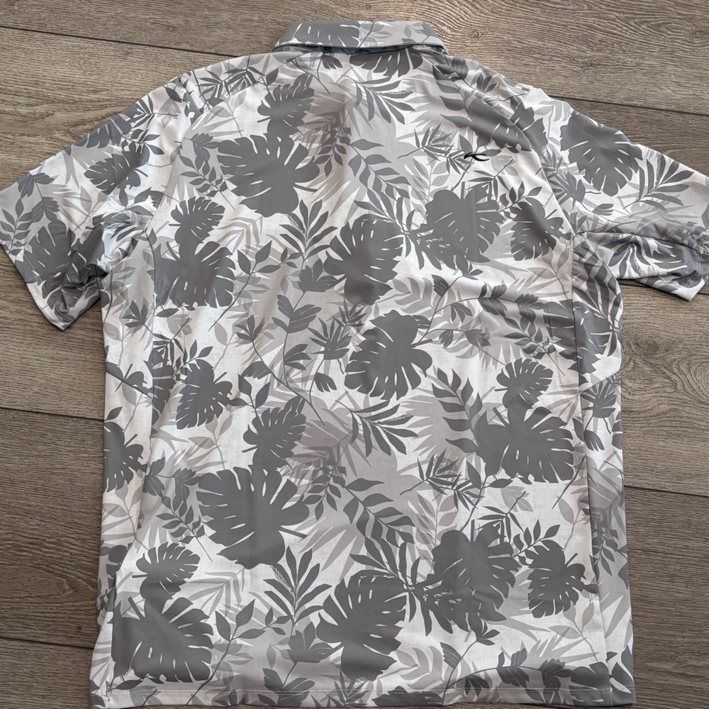 KJUS Men Golfer Polo Mens 52 Large Grey Tropical Leaf Print UPF 50+‎ Preppy New - Picture 8 of 8